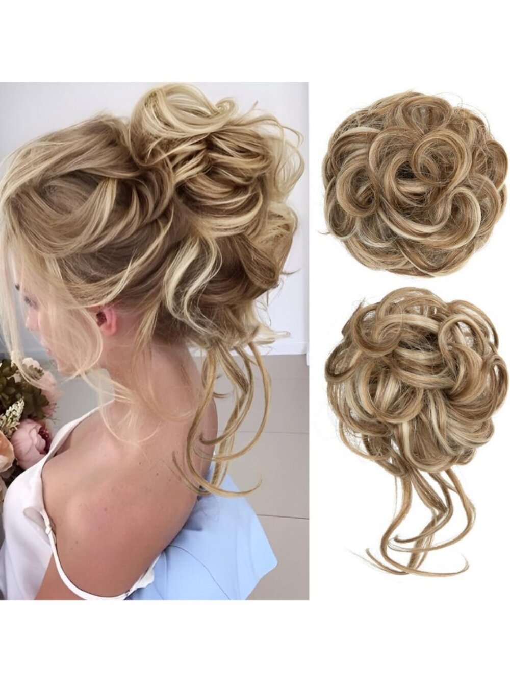 2PCS Wavy Curly Messy Bun Hair Pieces - Synthetic Updo Scrunchies for Women